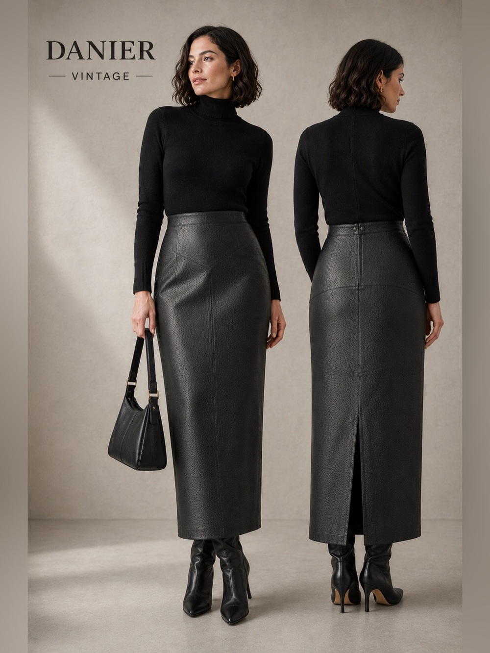Vintage Danier Genuine Black Leather Midi Pencil Skirt Mob Wife Corporate Chic